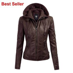 Faux Leather Moto Biker Jacket with Removable Hood